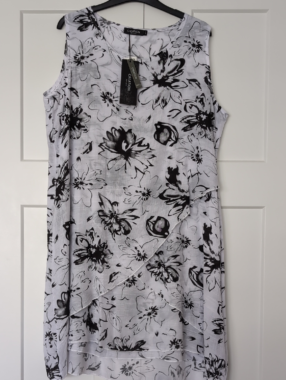 Creation Brand Summer Gauze White/Black Floral Dress L Nwt